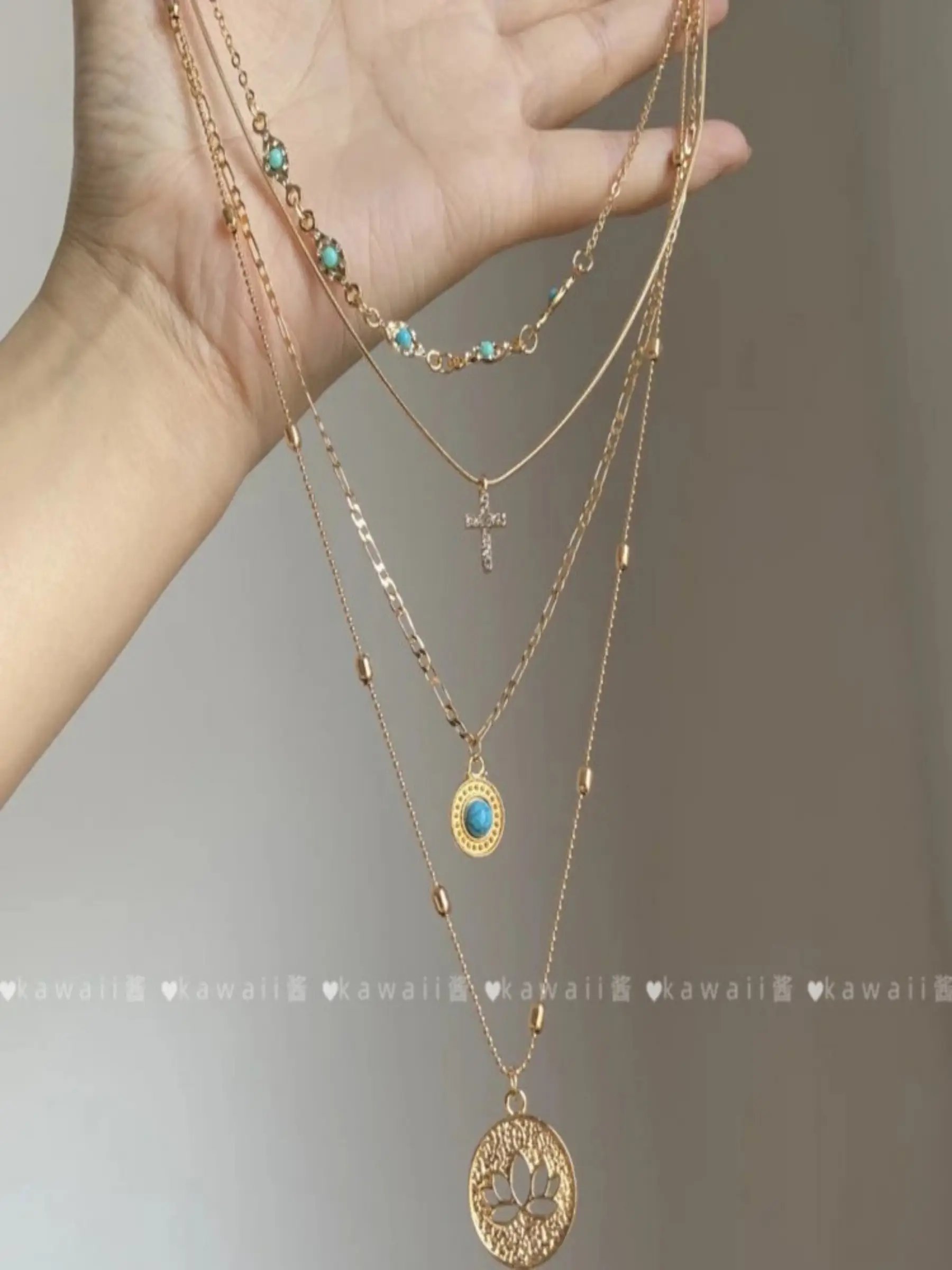 Gold-Tone Layered Necklace with Turquoise Pendants