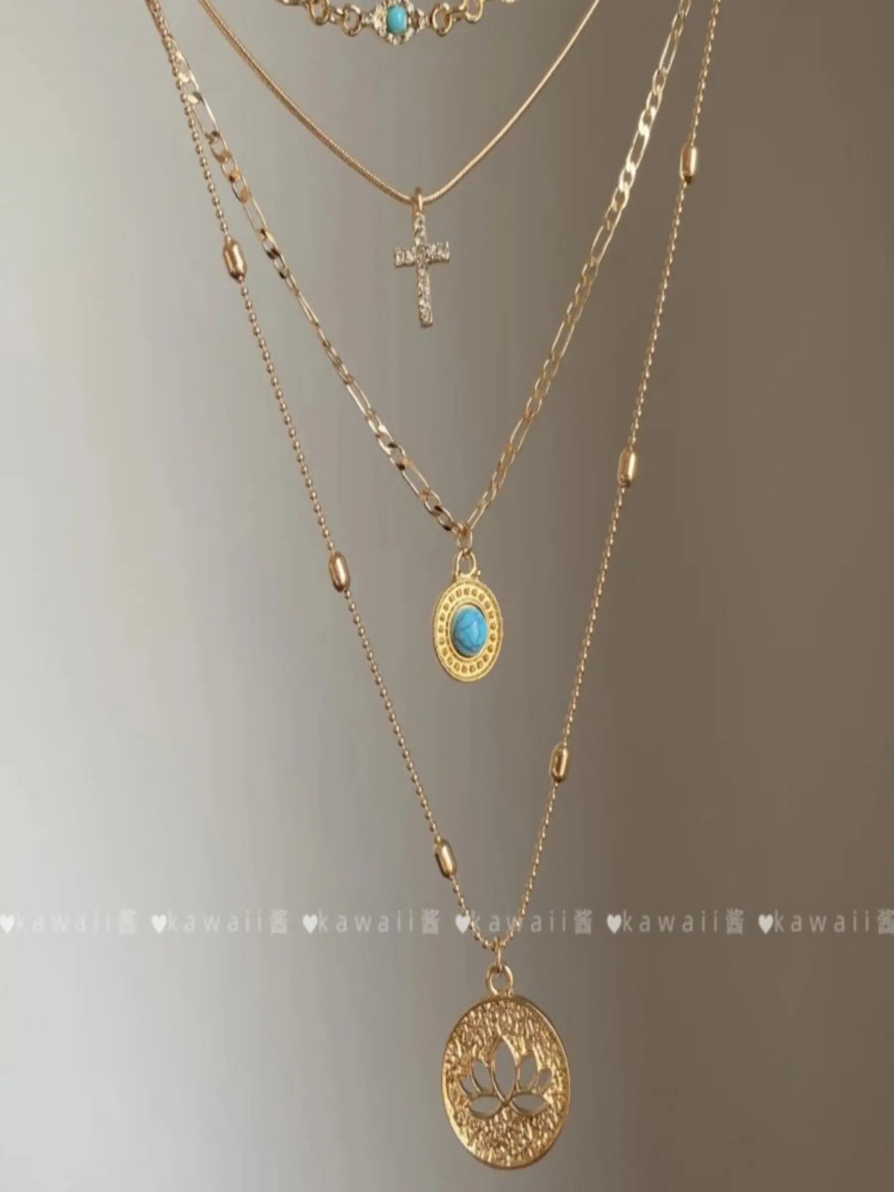 Gold-Tone Layered Necklace with Turquoise Pendants