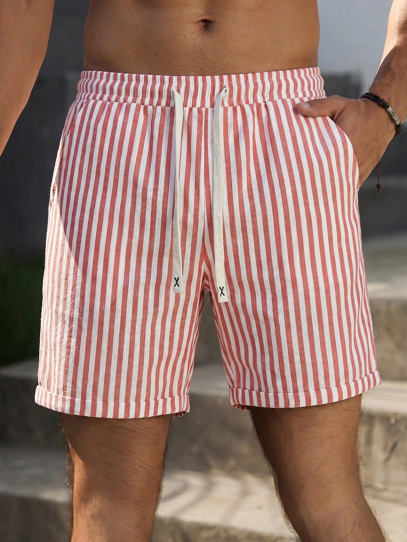 Red Striped Drawstring Waist Casual Shorts