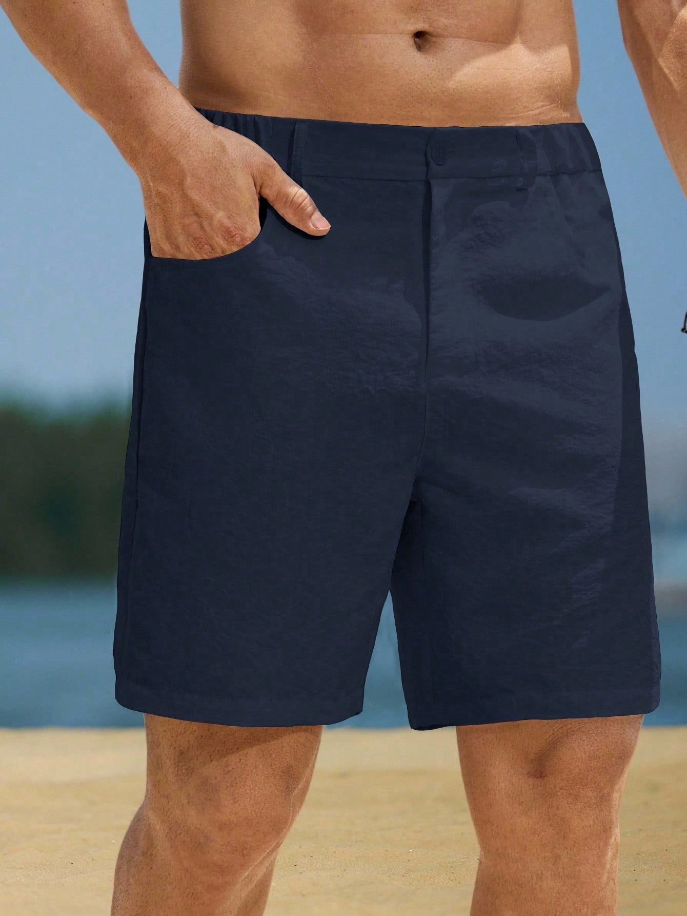 Navy Blue Solid Casual Shorts