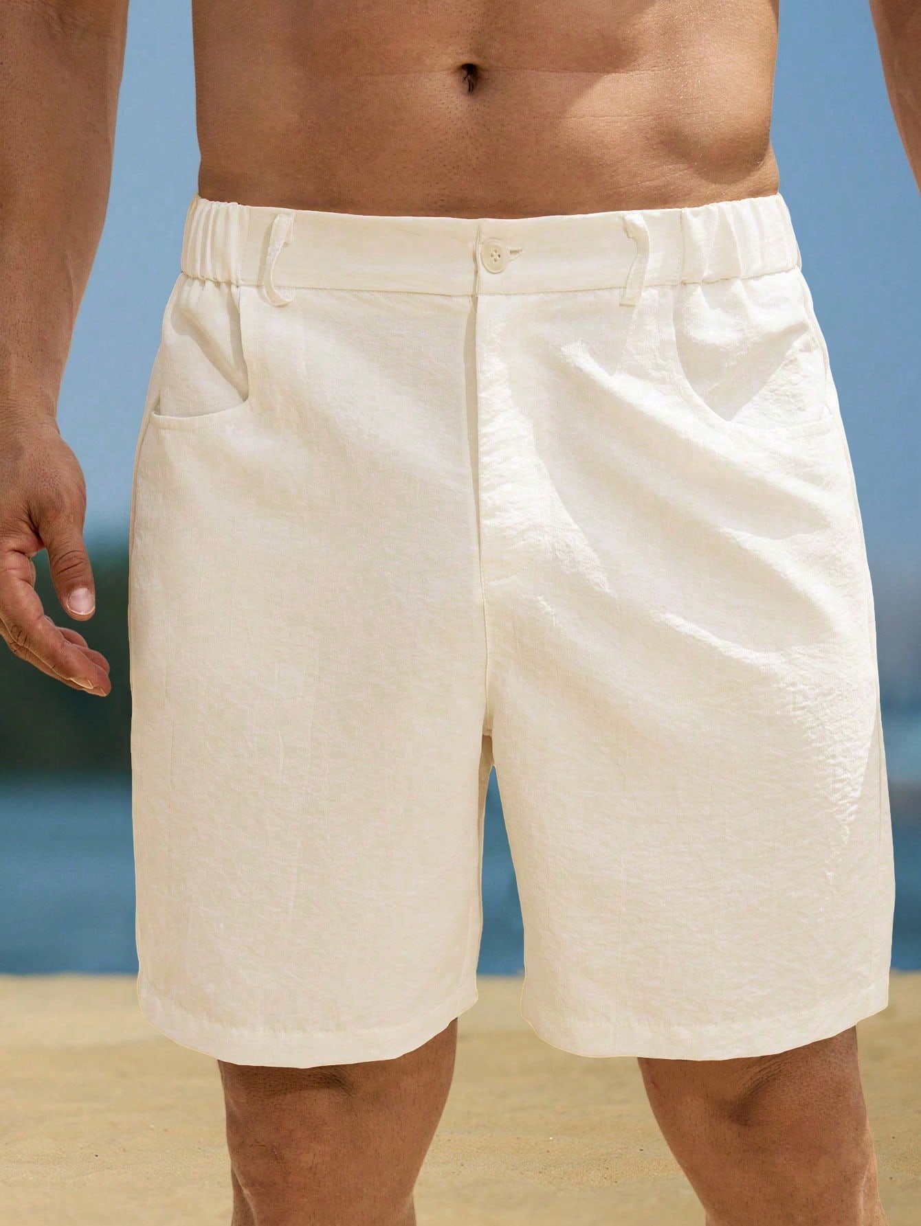 Beige Solid Short Swim Trunks