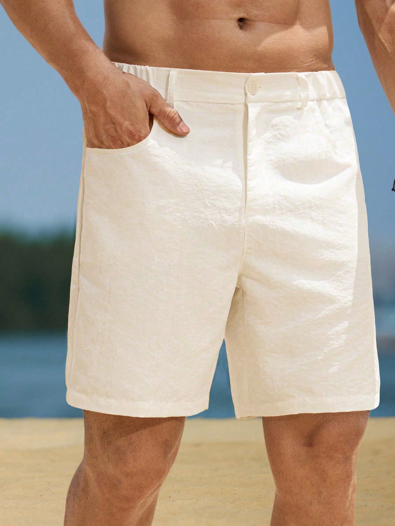 Beige Solid Short Swim Trunks