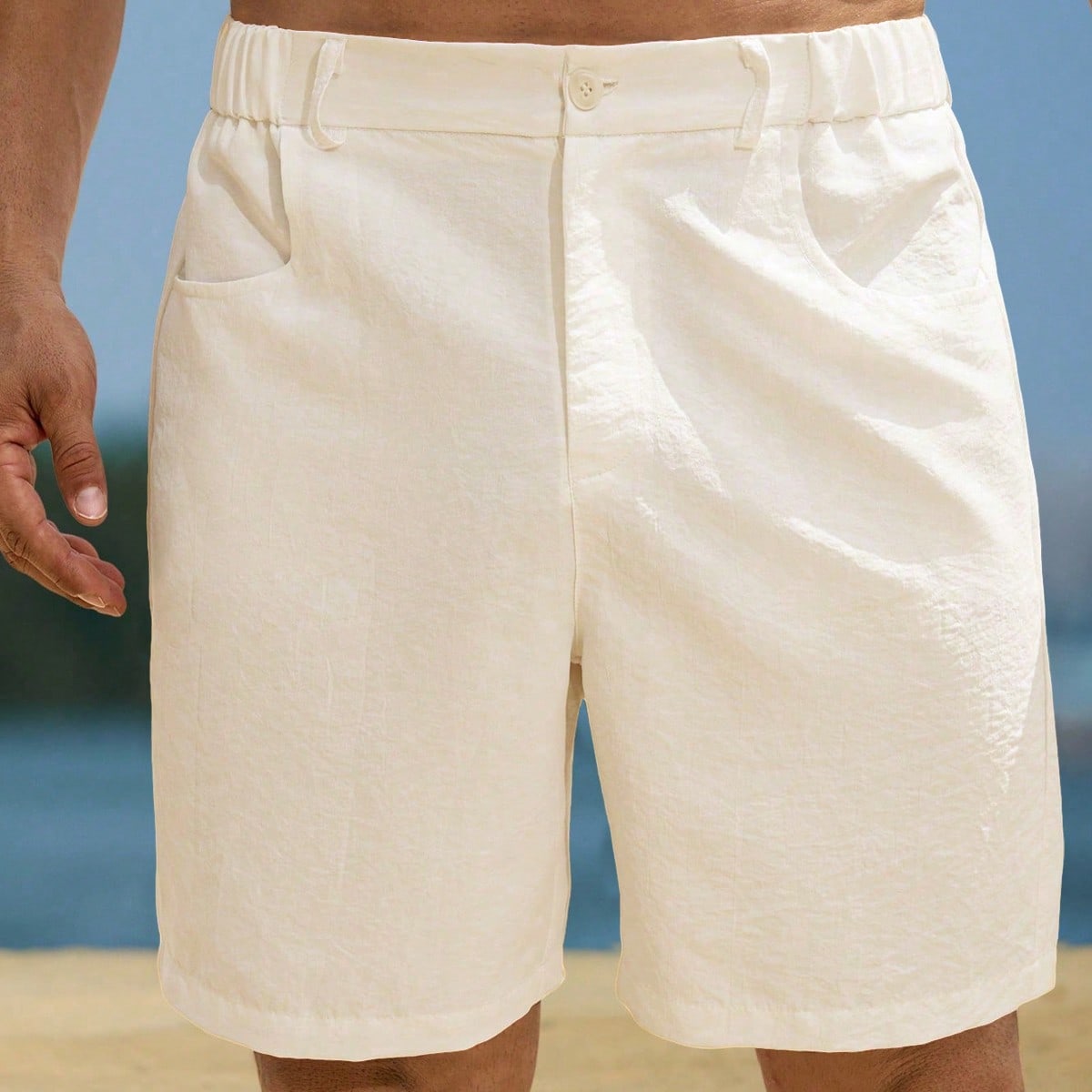 Beige Solid Short Swim Trunks