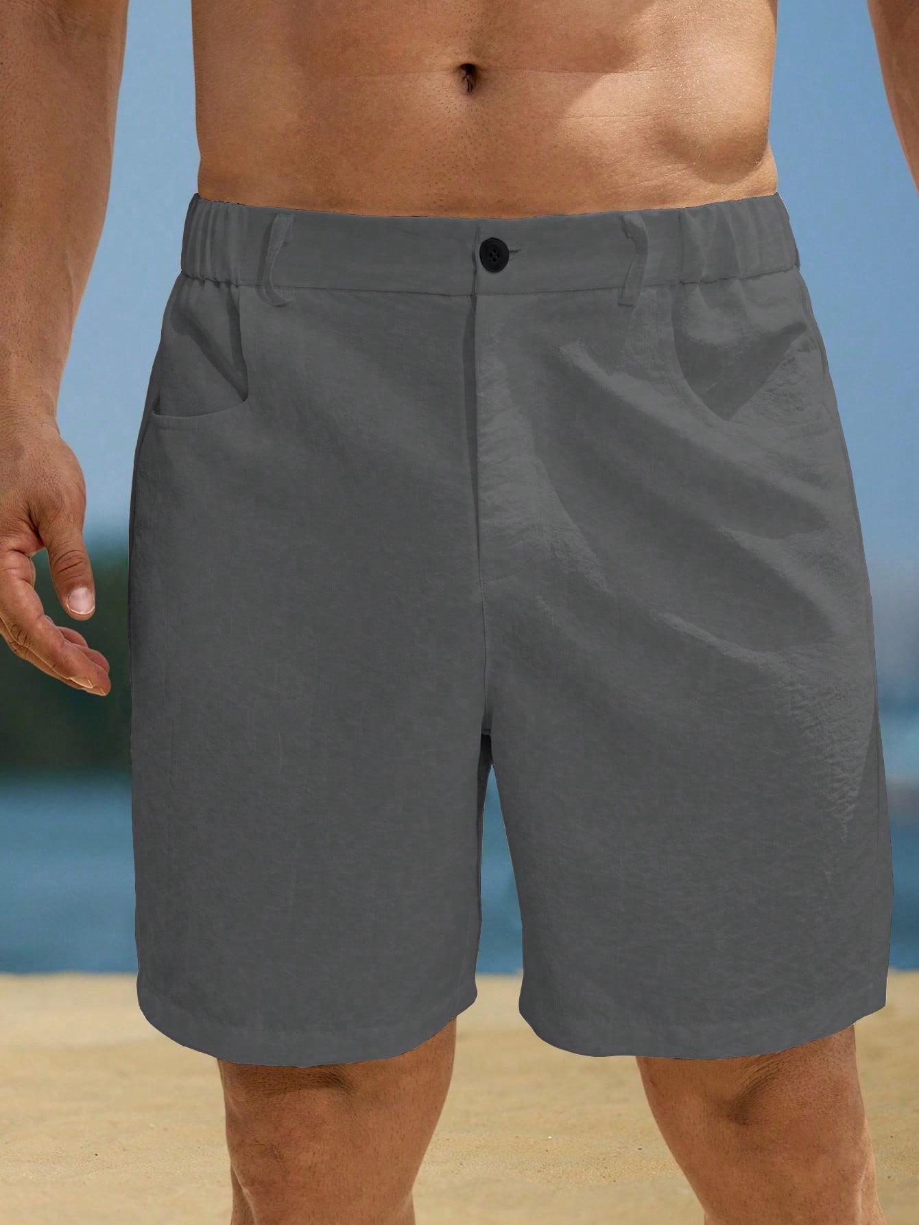 Grey Solid Short Swim Trunks