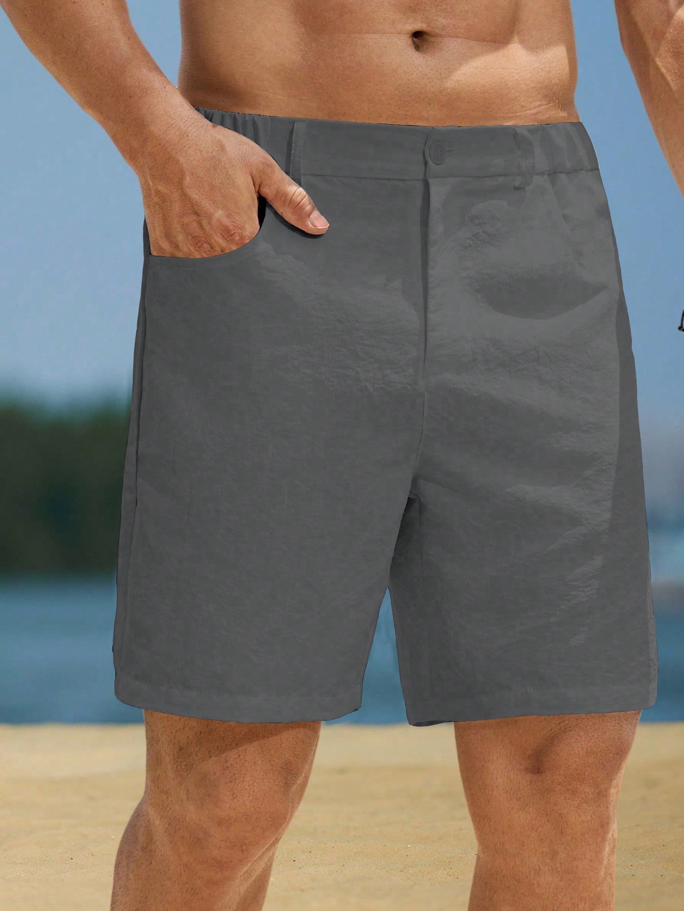 Grey Solid Short Swim Trunks