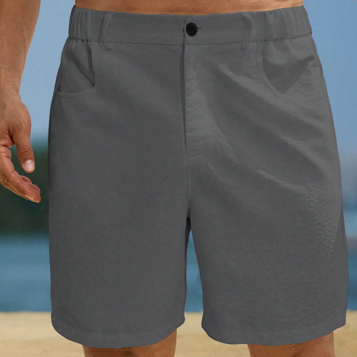 Grey Solid Short Swim Trunks