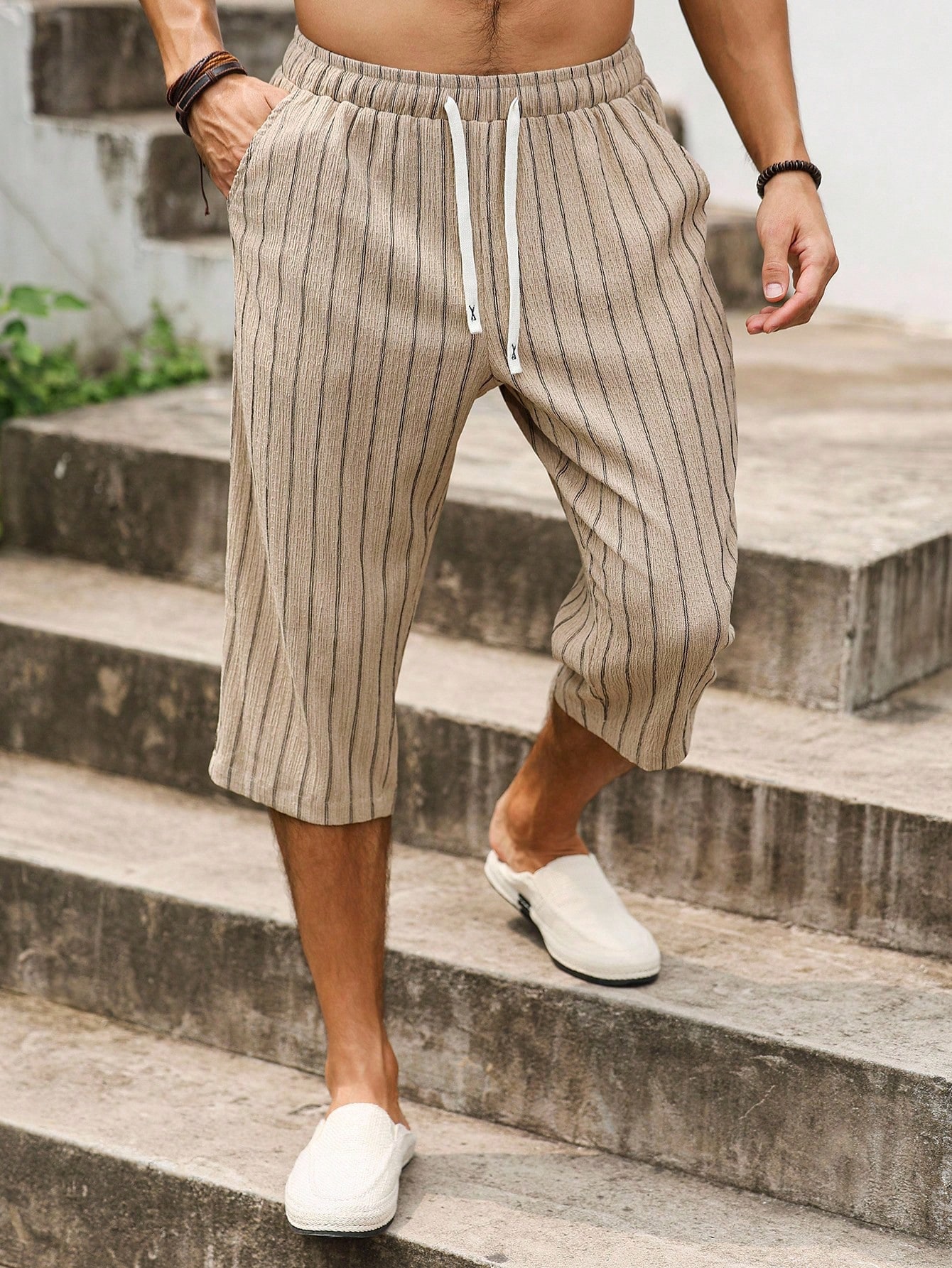 Beige Striped 3/4 Length Shorts with Drawstring
