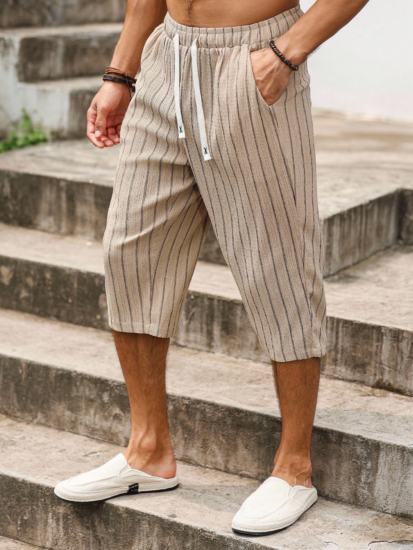 Beige Striped 3/4 Length Shorts with Drawstring