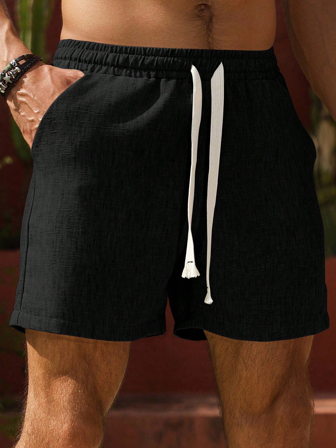Black Solid Drawstring Lounge Shorts
