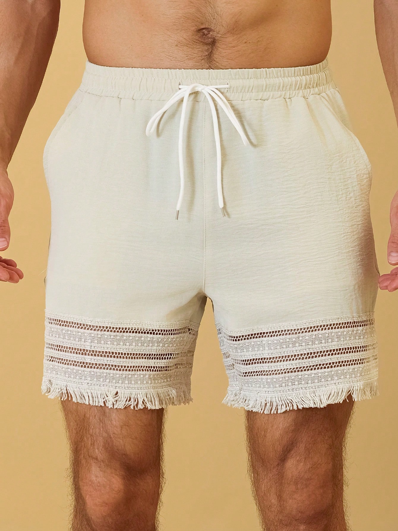 Beige Textured Drawstring Shorts