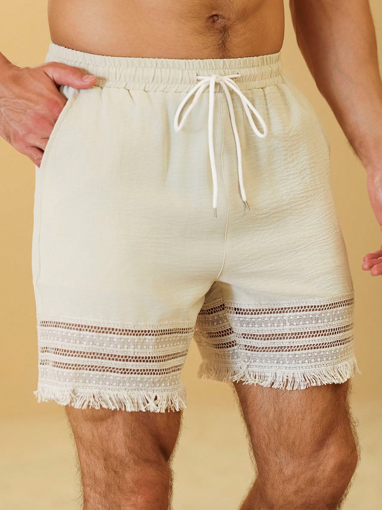 Beige Textured Drawstring Shorts