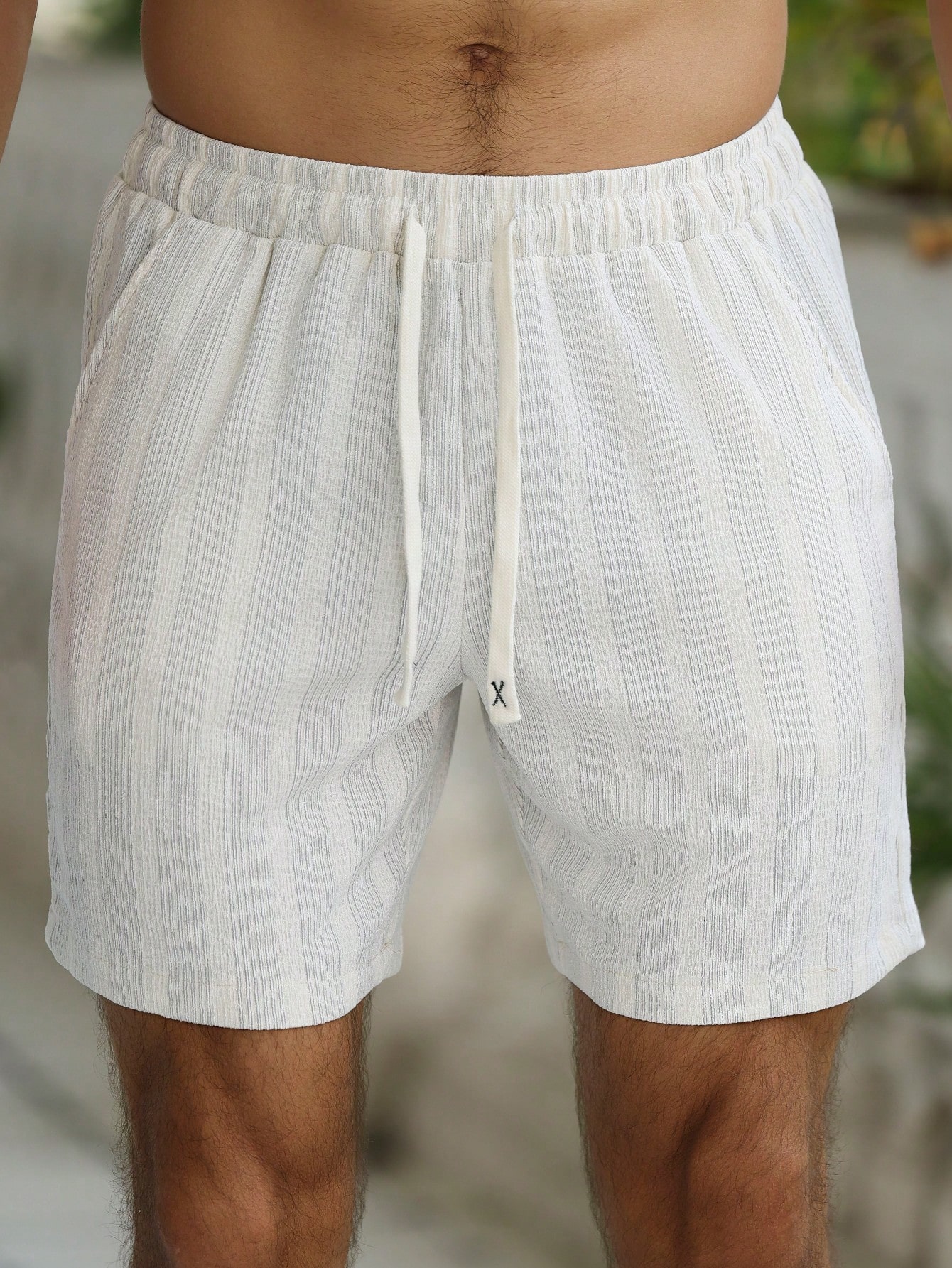 Beige Striped Drawstring Waist Shorts