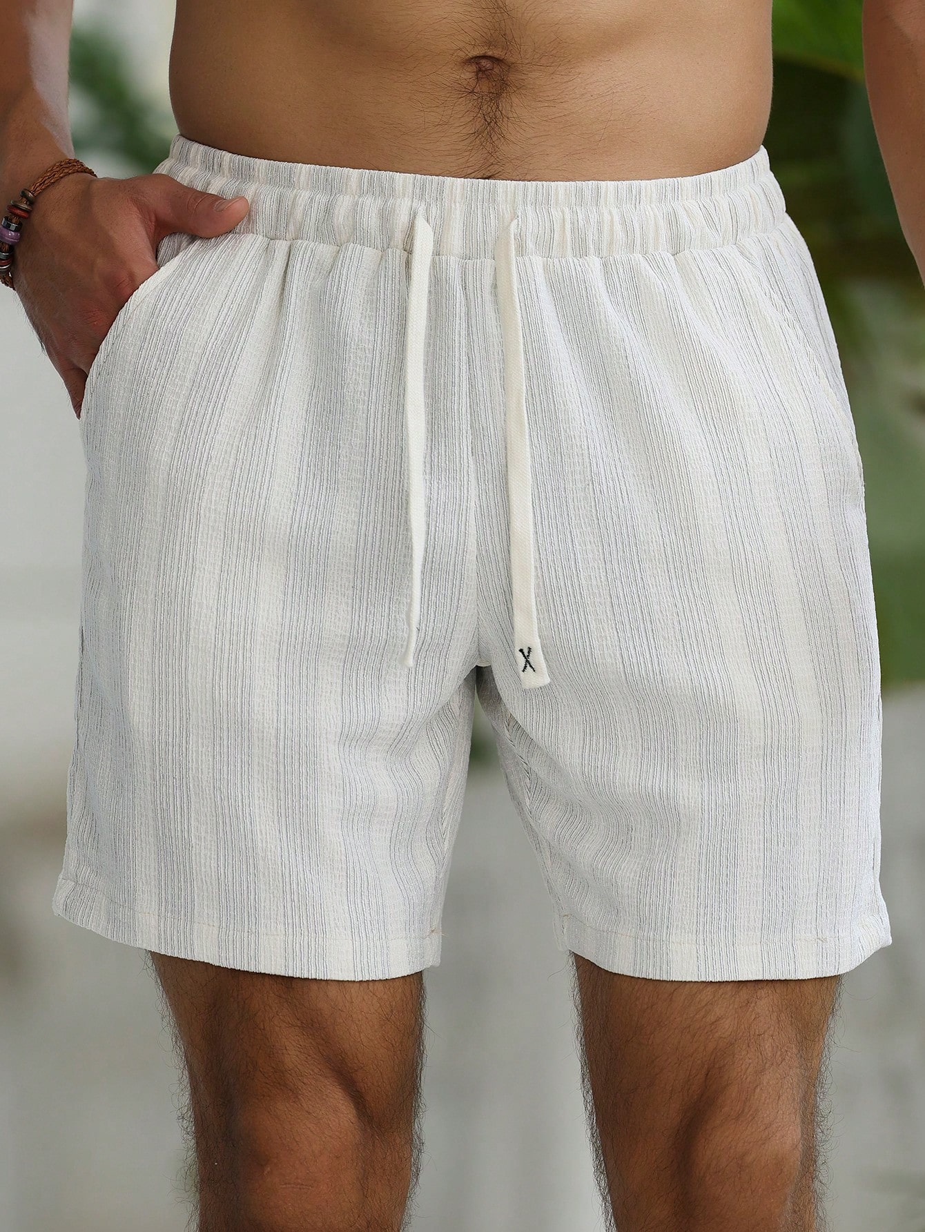 Beige Striped Drawstring Waist Shorts