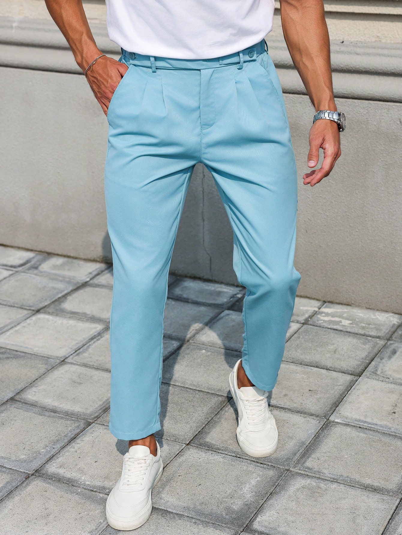 Men Sky Blue Pleated Trousers