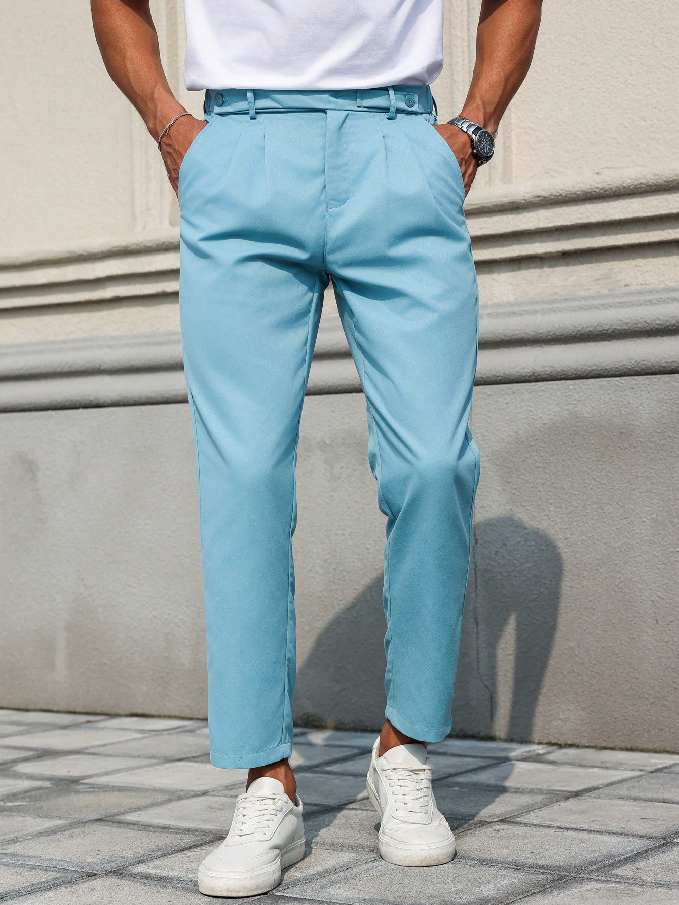 Men Sky Blue Pleated Trousers