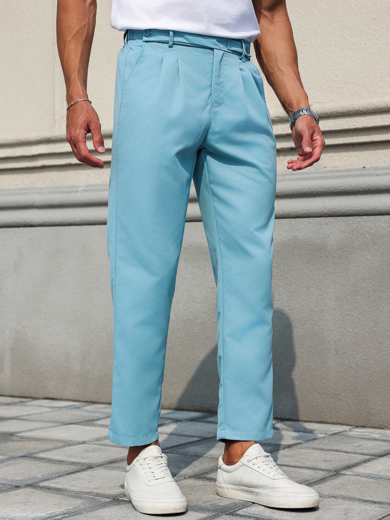 Men Sky Blue Pleated Trousers