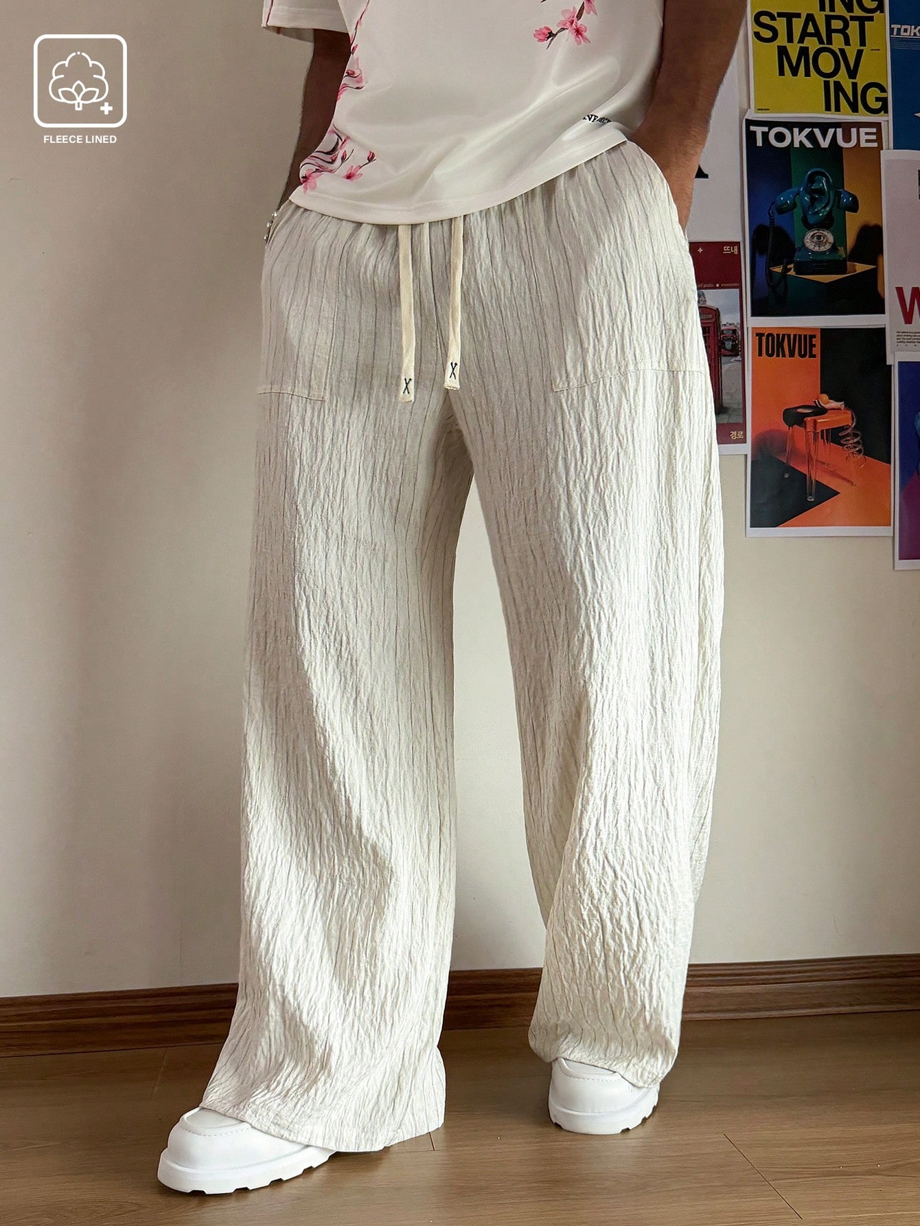 Men Beige Crinkle Texture Wide-Leg Trousers