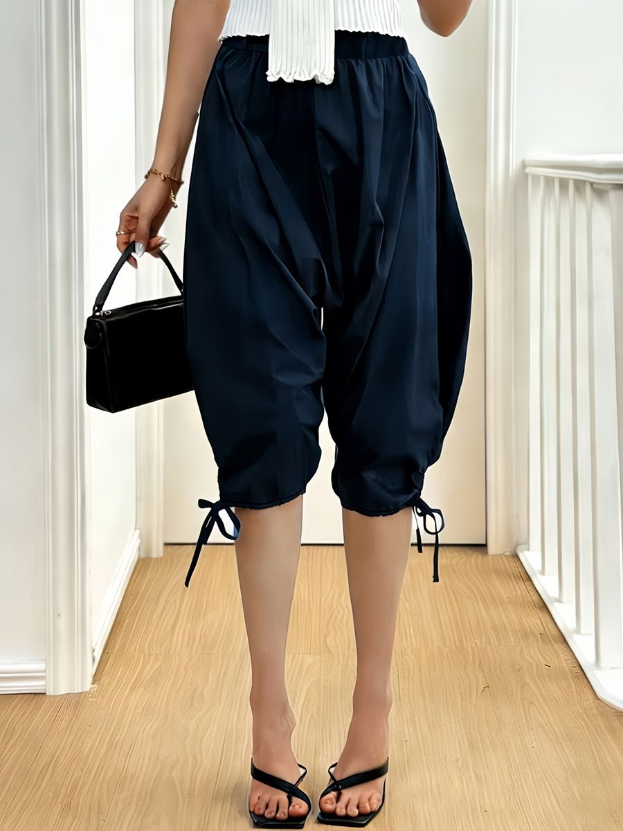 Dark Blue Casual Solid Drawstring Hem Capris