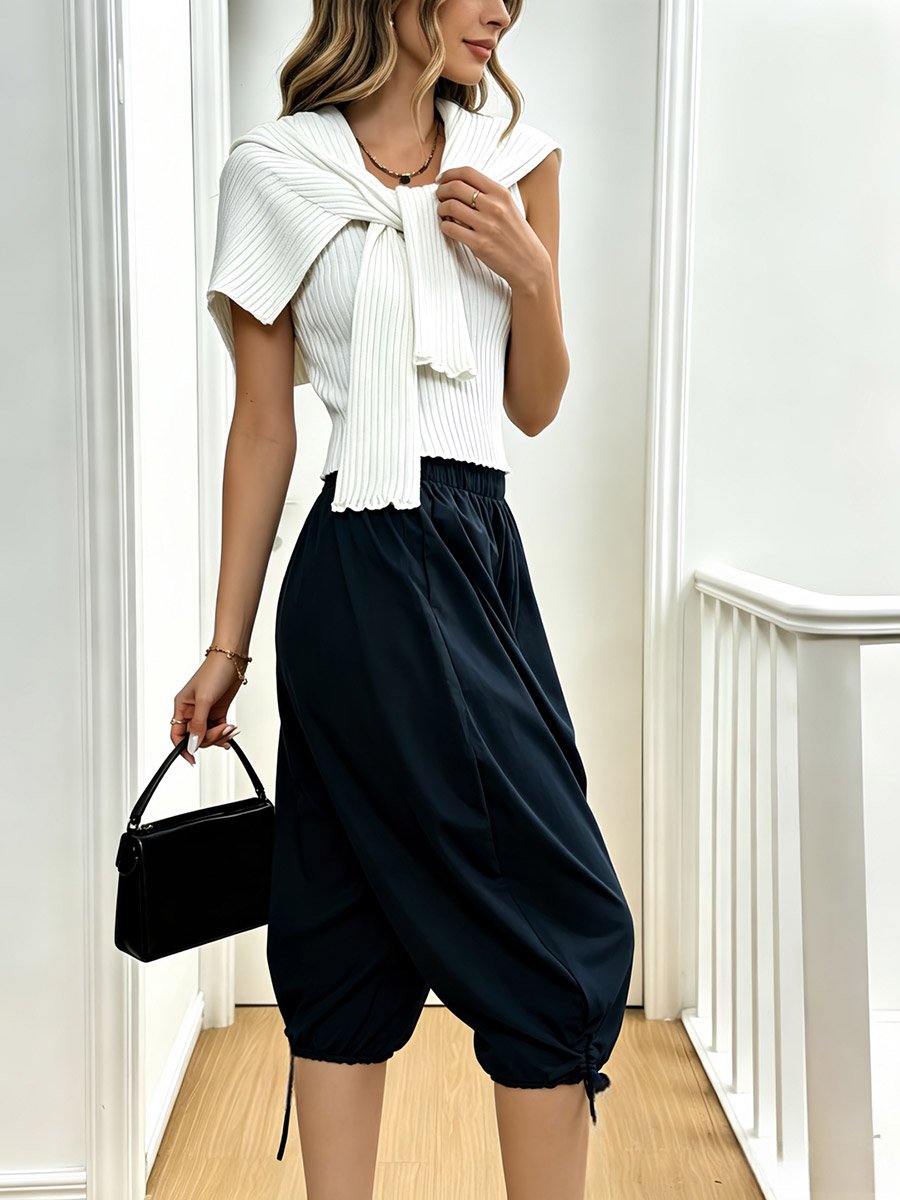 Dark Blue Casual Solid Drawstring Hem Capris