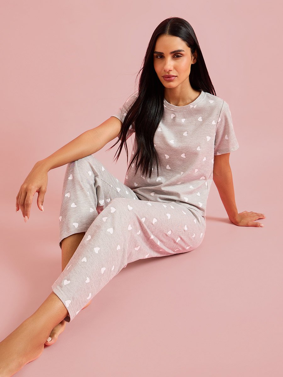 Grey All Over Heart Print T-Shirt and Straight Pants Pyjama Set 