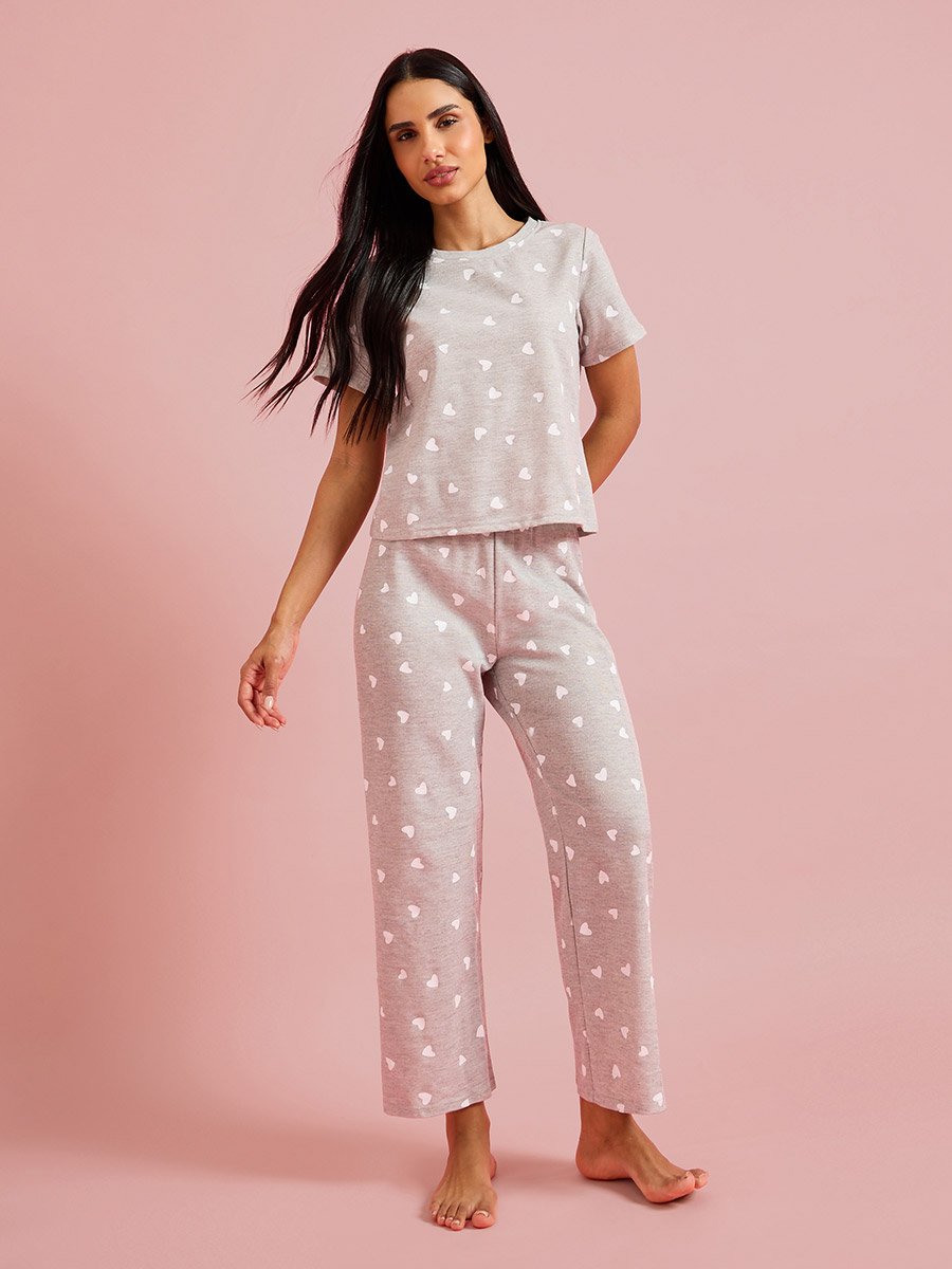 Grey All Over Heart Print T-Shirt and Straight Pants Pyjama Set 