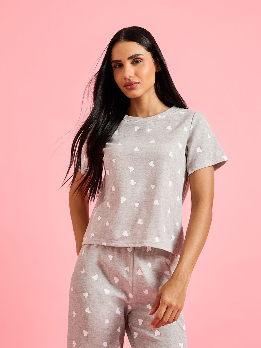 Grey All Over Heart Print T-Shirt and Straight Pants Pyjama Set 