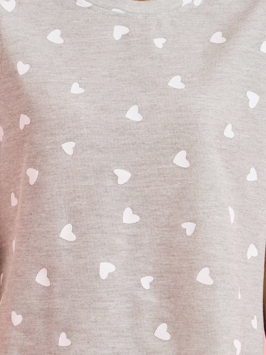 Grey All Over Heart Print T-Shirt and Straight Pants Pyjama Set 