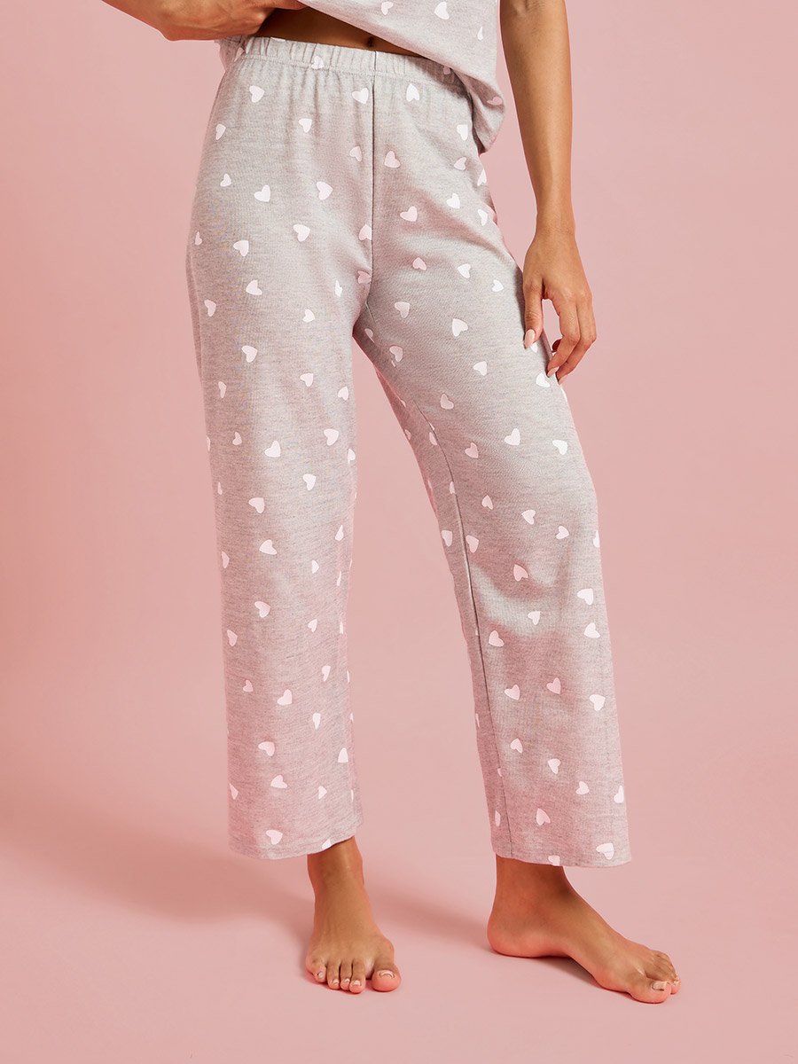 Grey All Over Heart Print T-Shirt and Straight Pants Pyjama Set 