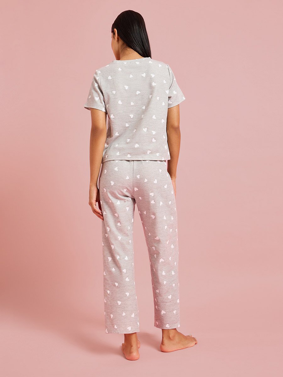 Grey All Over Heart Print T-Shirt and Straight Pants Pyjama Set 