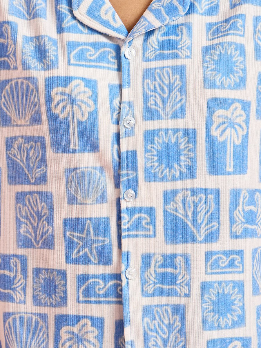 Blue All Over Print Short Sleeves Shirt and Straight Pants Pyjama Set