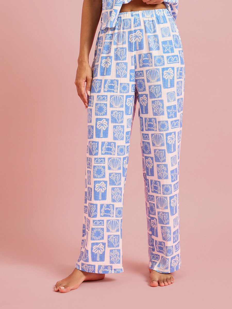 Blue All Over Print Short Sleeves Shirt and Straight Pants Pyjama Set