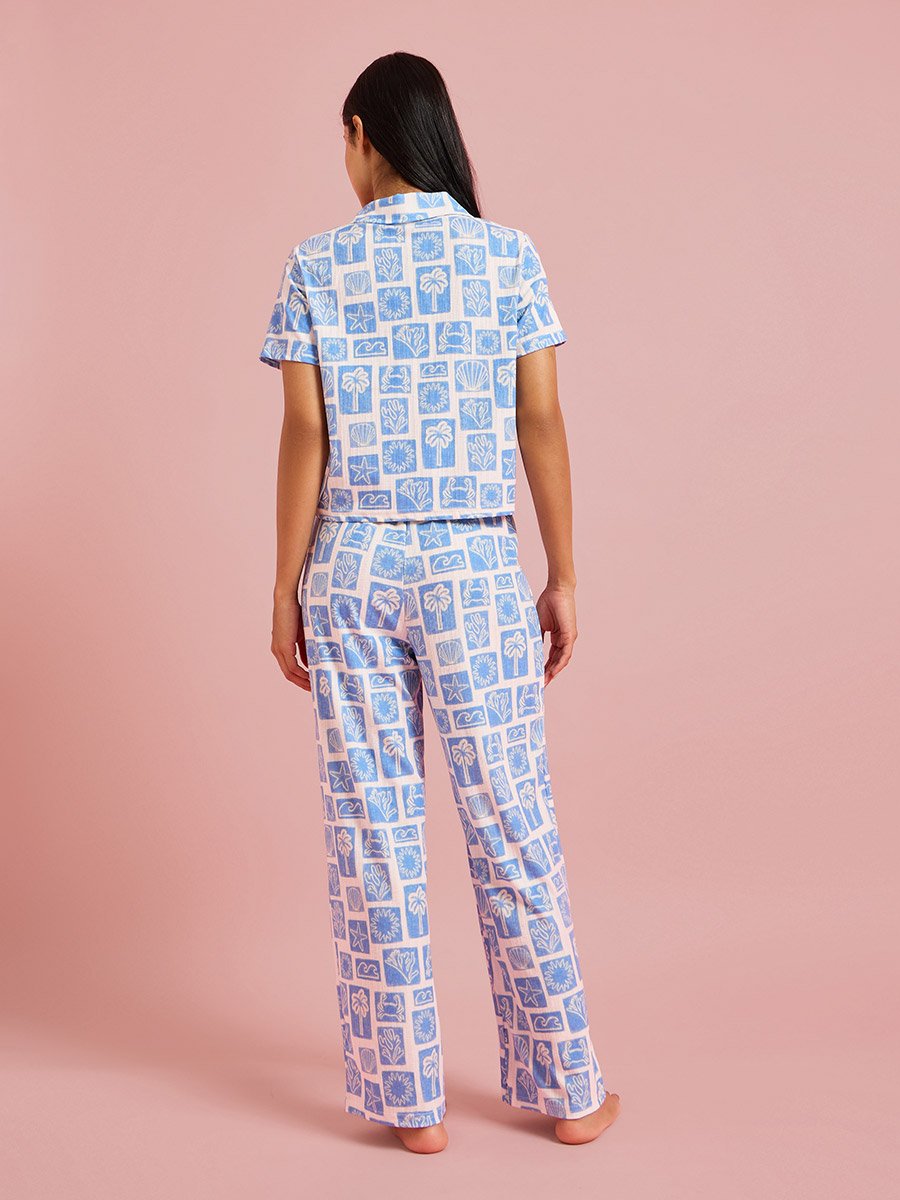 Blue All Over Print Short Sleeves Shirt and Straight Pants Pyjama Set