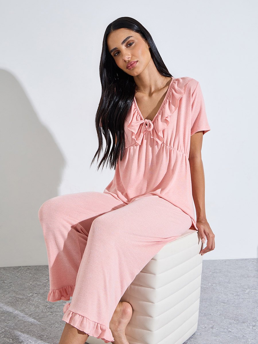 Pink Solid Ruffle Details V-Neck Top and Pants Pyjama Set