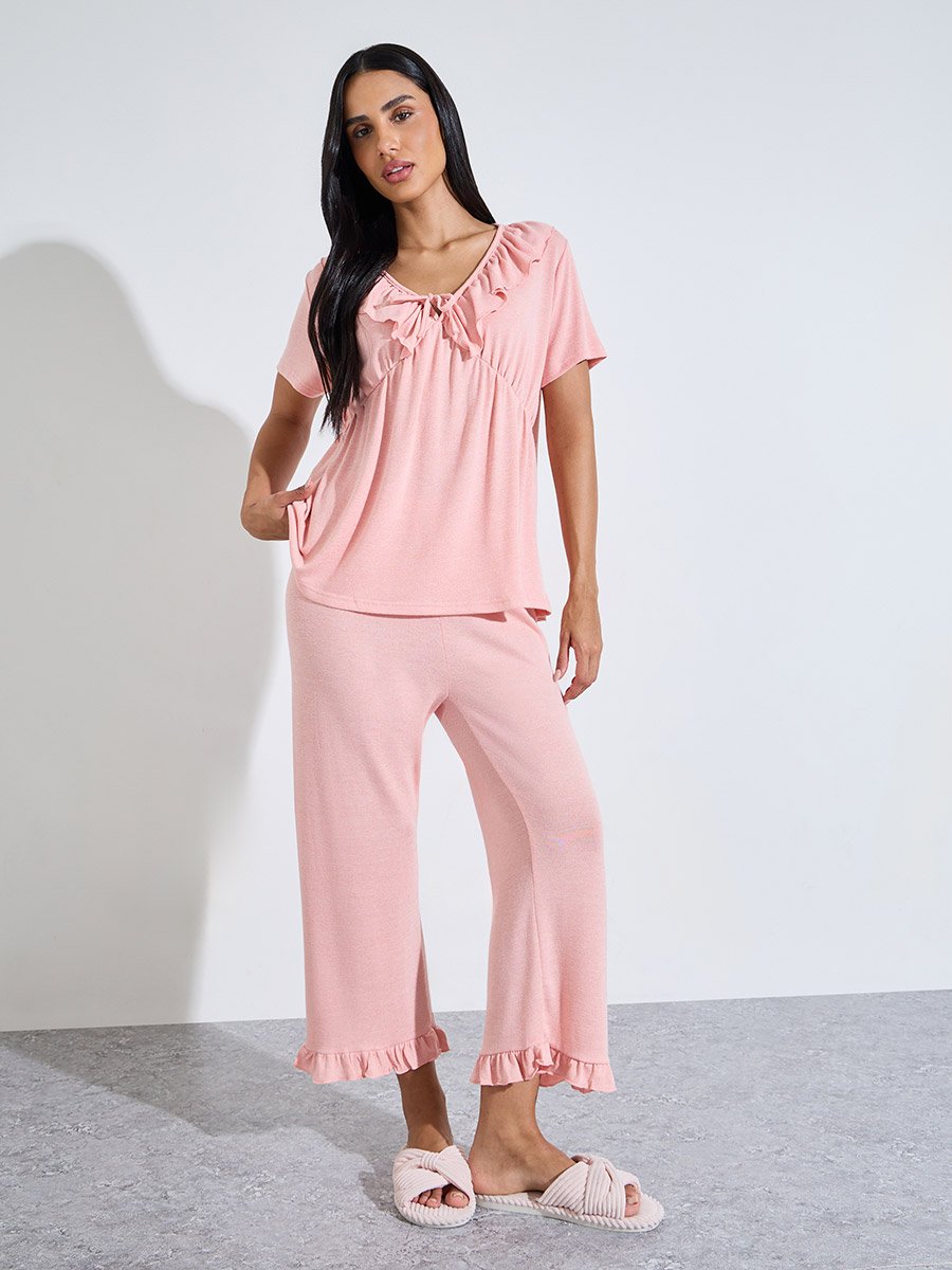 Pink Solid Ruffle Details V-Neck Top and Pants Pyjama Set