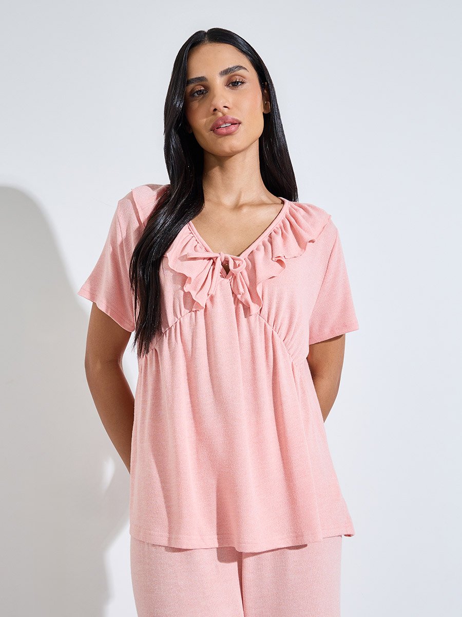 Pink Solid Ruffle Details V-Neck Top and Pants Pyjama Set