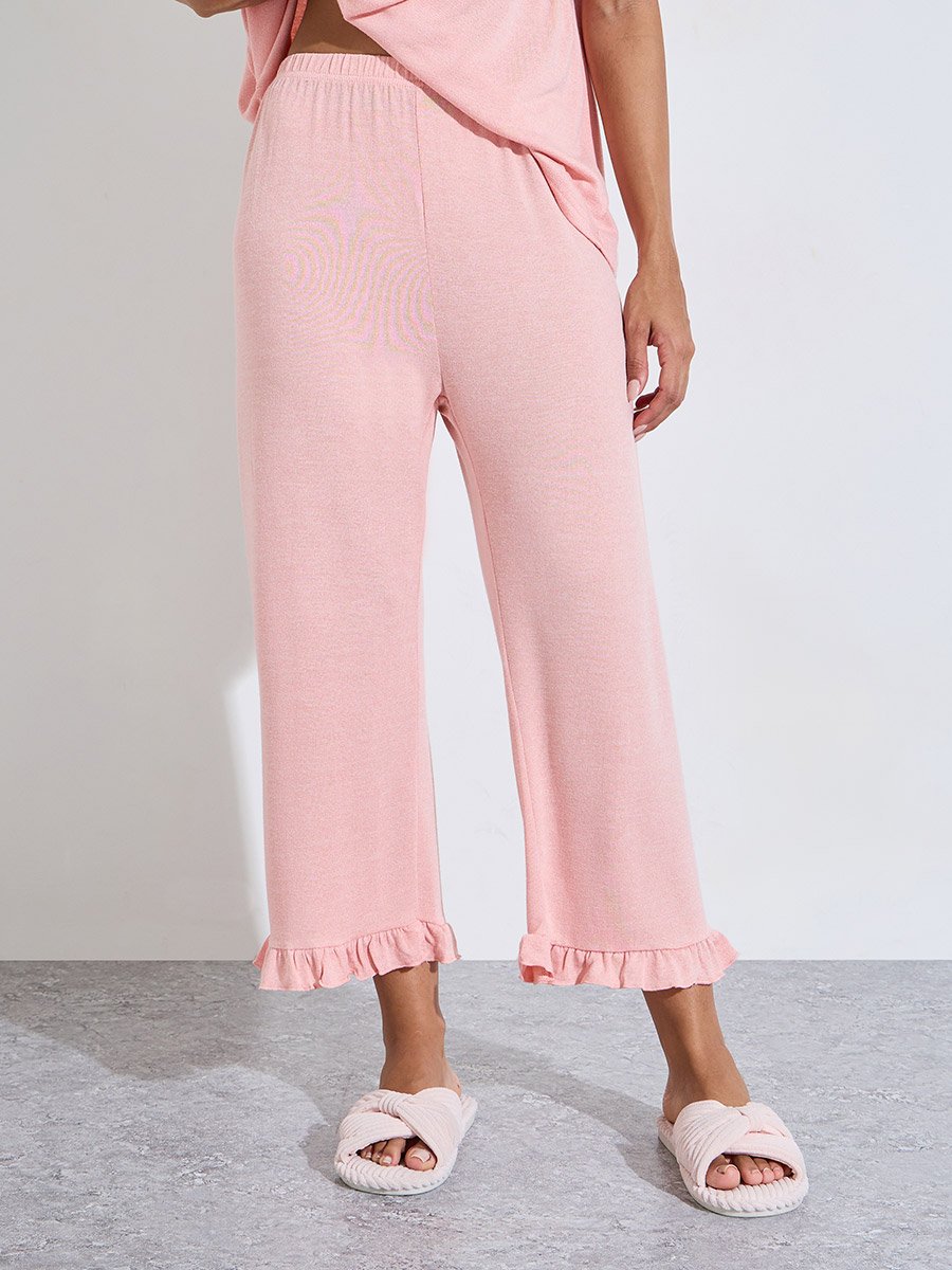 Pink Solid Ruffle Details V-Neck Top and Pants Pyjama Set
