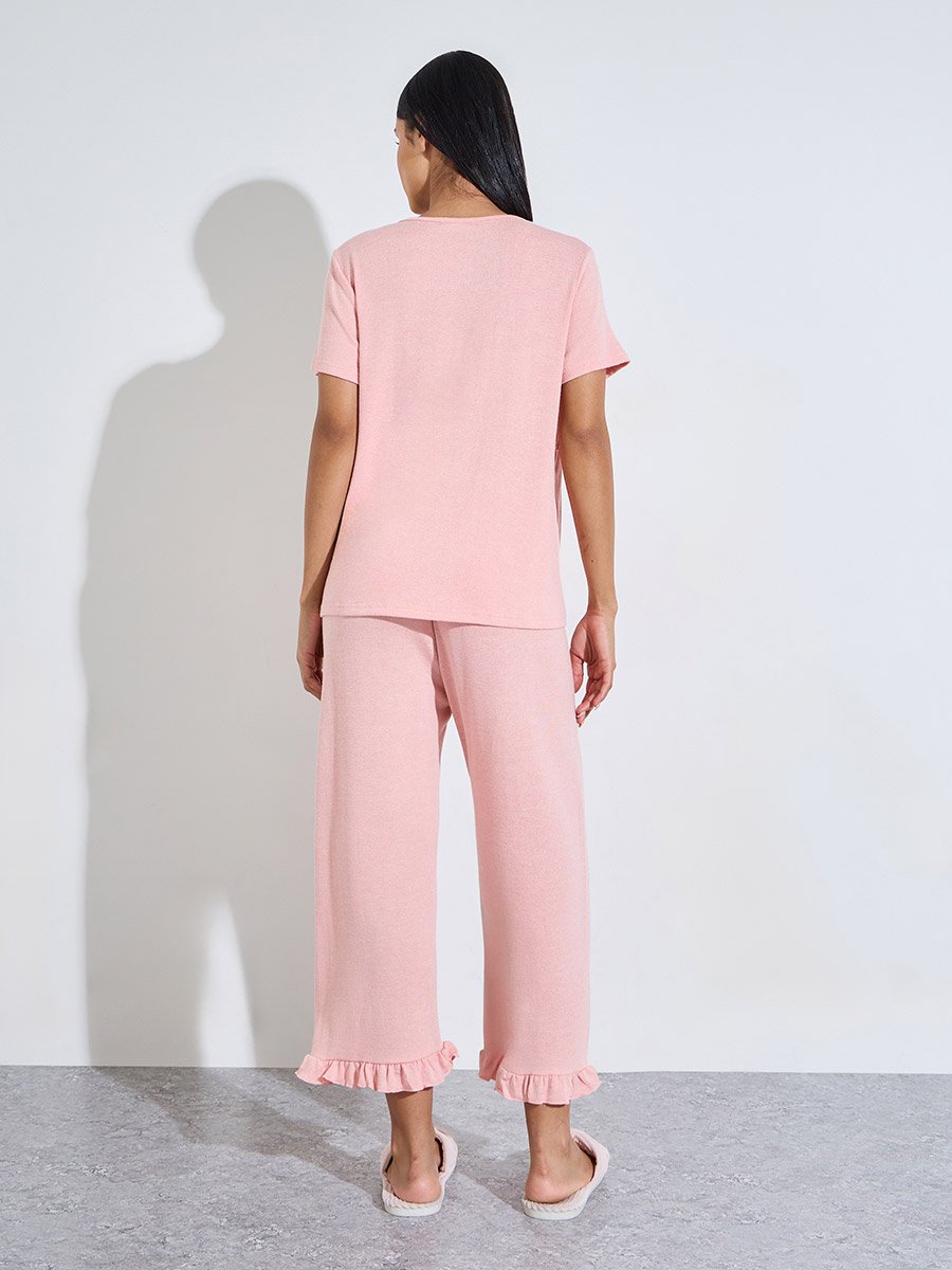 Pink Solid Ruffle Details V-Neck Top and Pants Pyjama Set