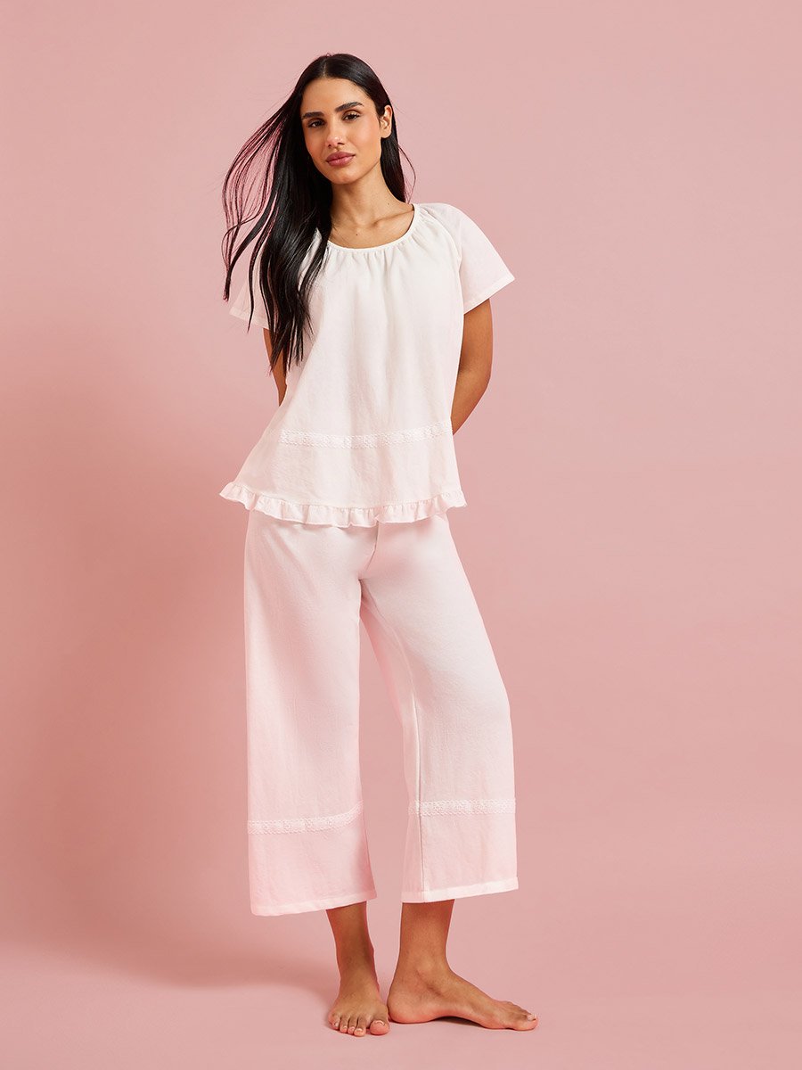 White Solid Ruffle Details Top and Pants Pyjama Set