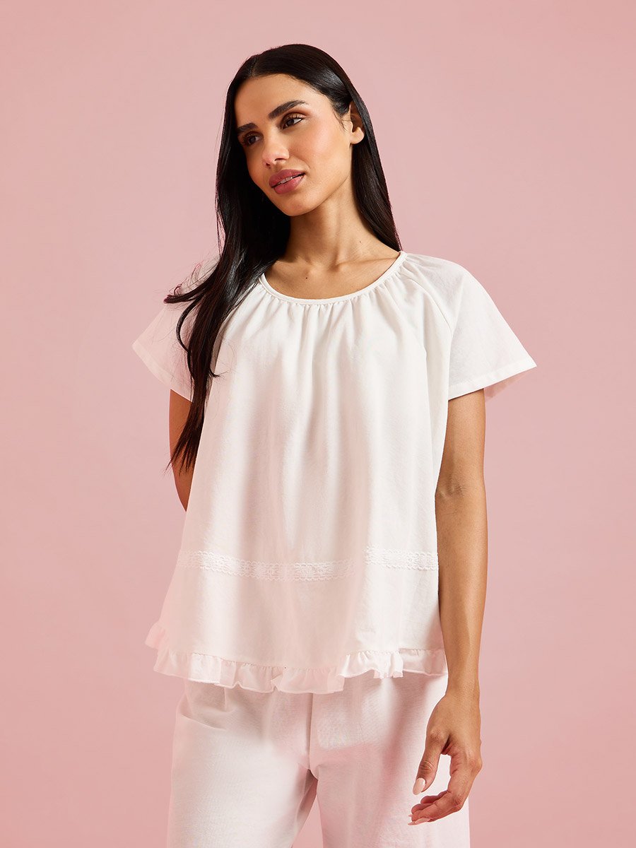 White Solid Ruffle Details Top and Pants Pyjama Set