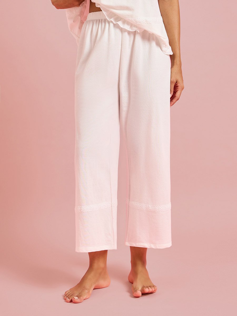 White Solid Ruffle Details Top and Pants Pyjama Set