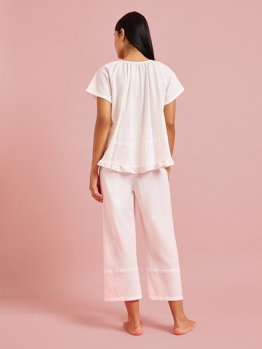 White Solid Ruffle Details Top and Pants Pyjama Set