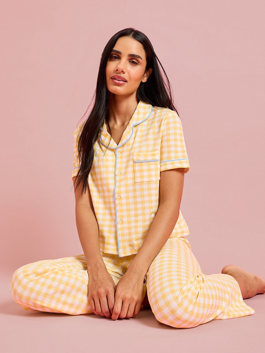 Yellow Checked Pocket Detail Shirt and Straight Pants Pyjama Set