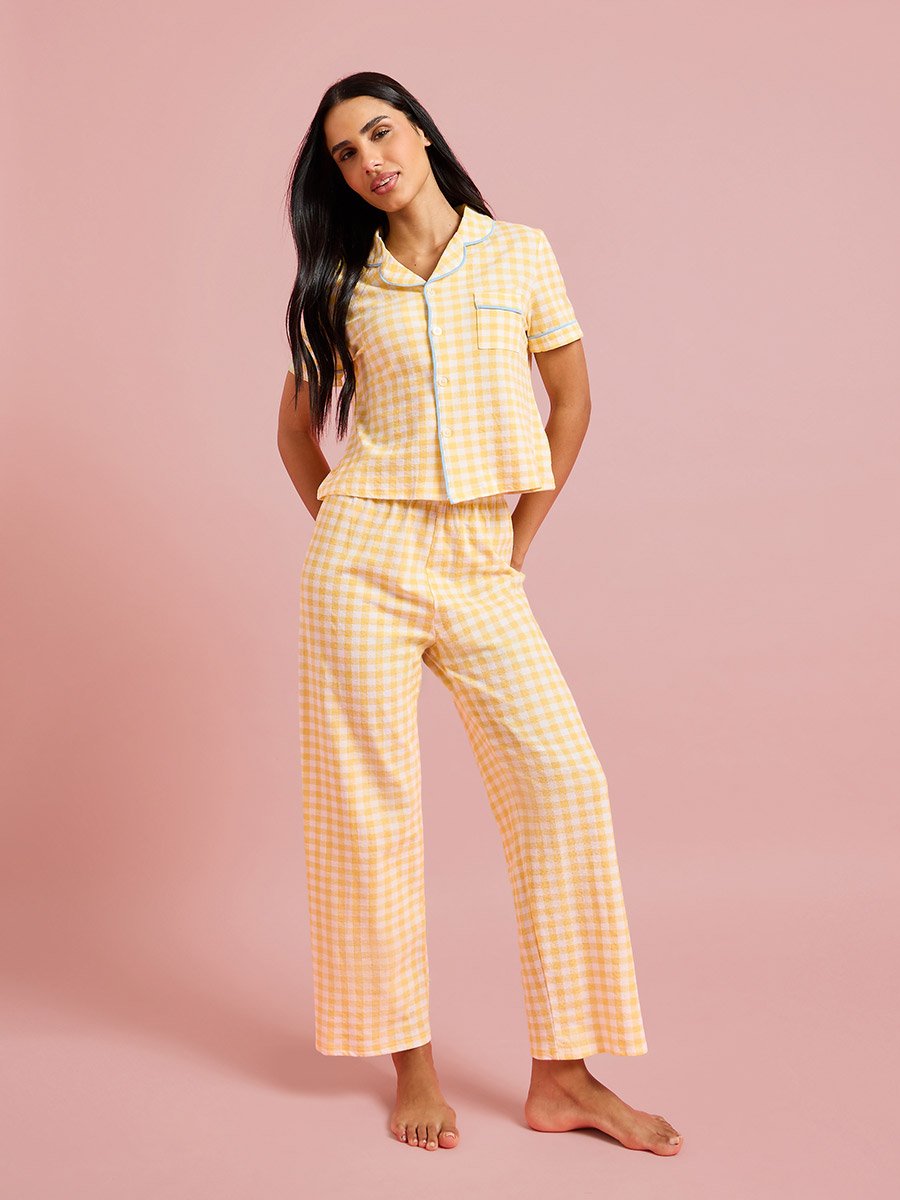Yellow Checked Pocket Detail Shirt and Straight Pants Pyjama Set
