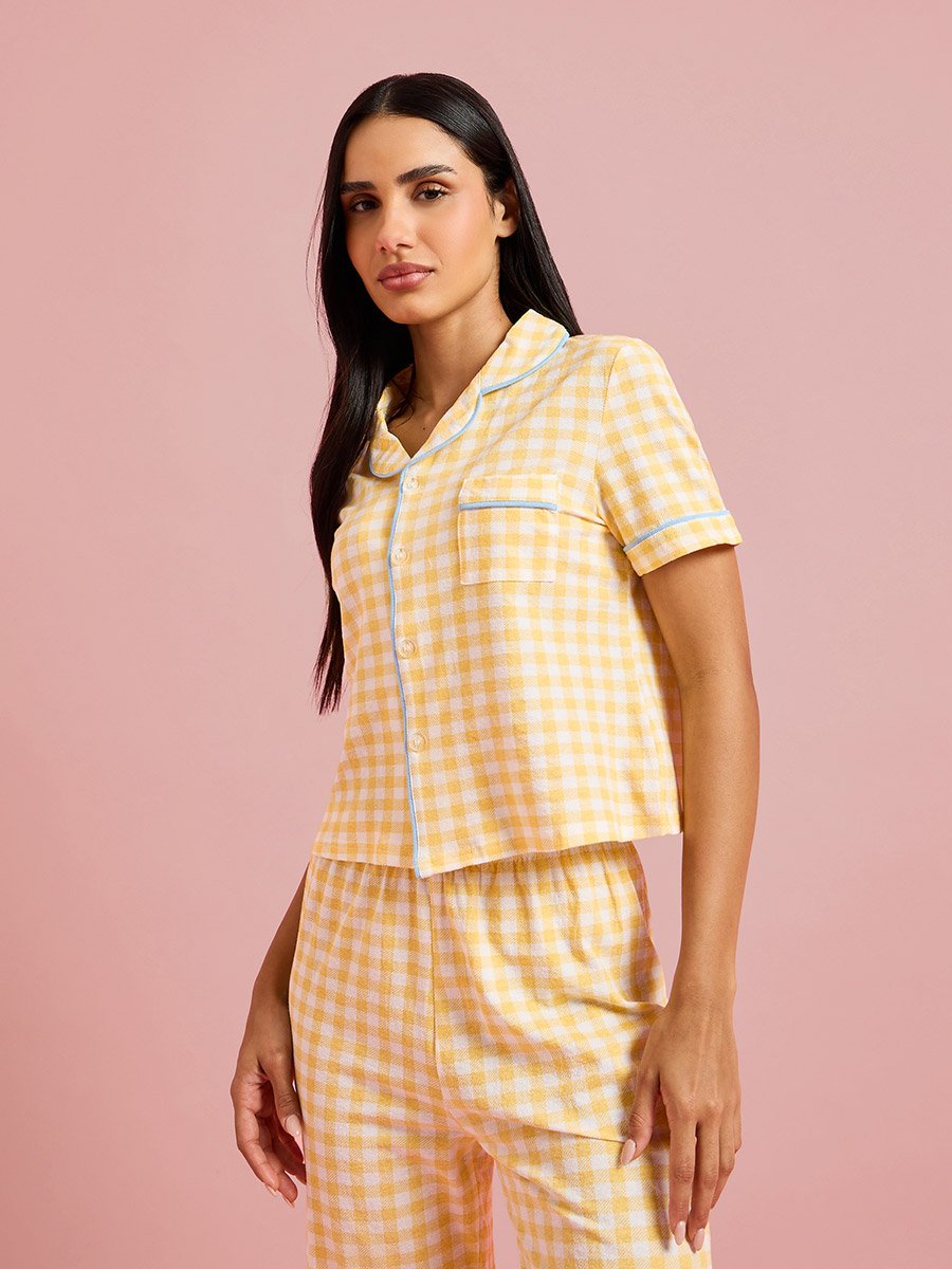 Yellow Checked Pocket Detail Shirt and Straight Pants Pyjama Set