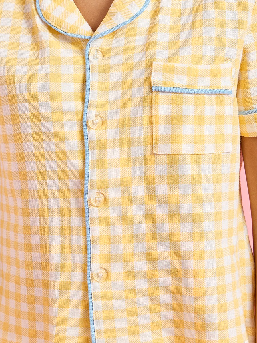 Yellow Checked Pocket Detail Shirt and Straight Pants Pyjama Set