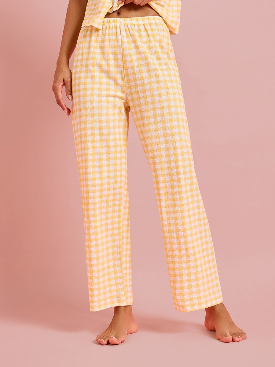 Yellow Checked Pocket Detail Shirt and Straight Pants Pyjama Set