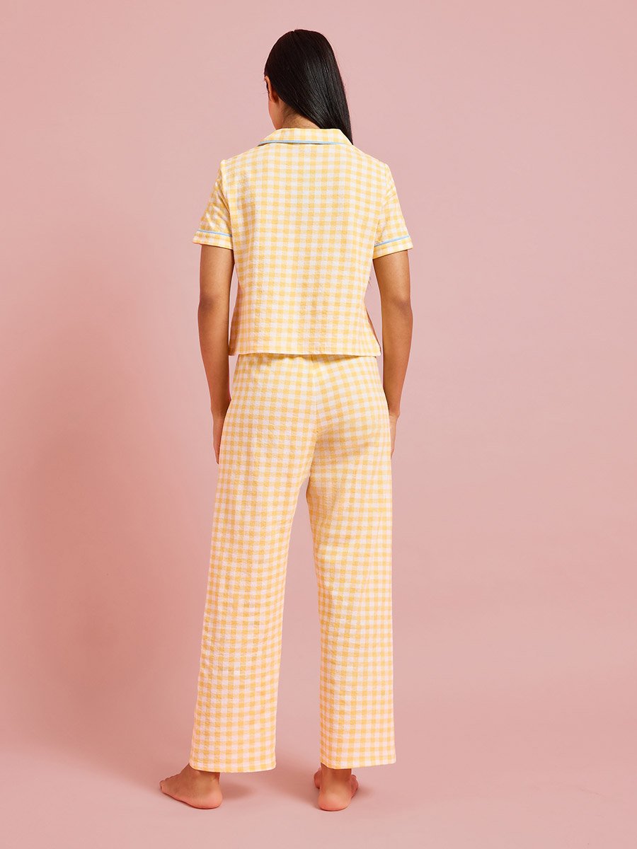 Yellow Checked Pocket Detail Shirt and Straight Pants Pyjama Set
