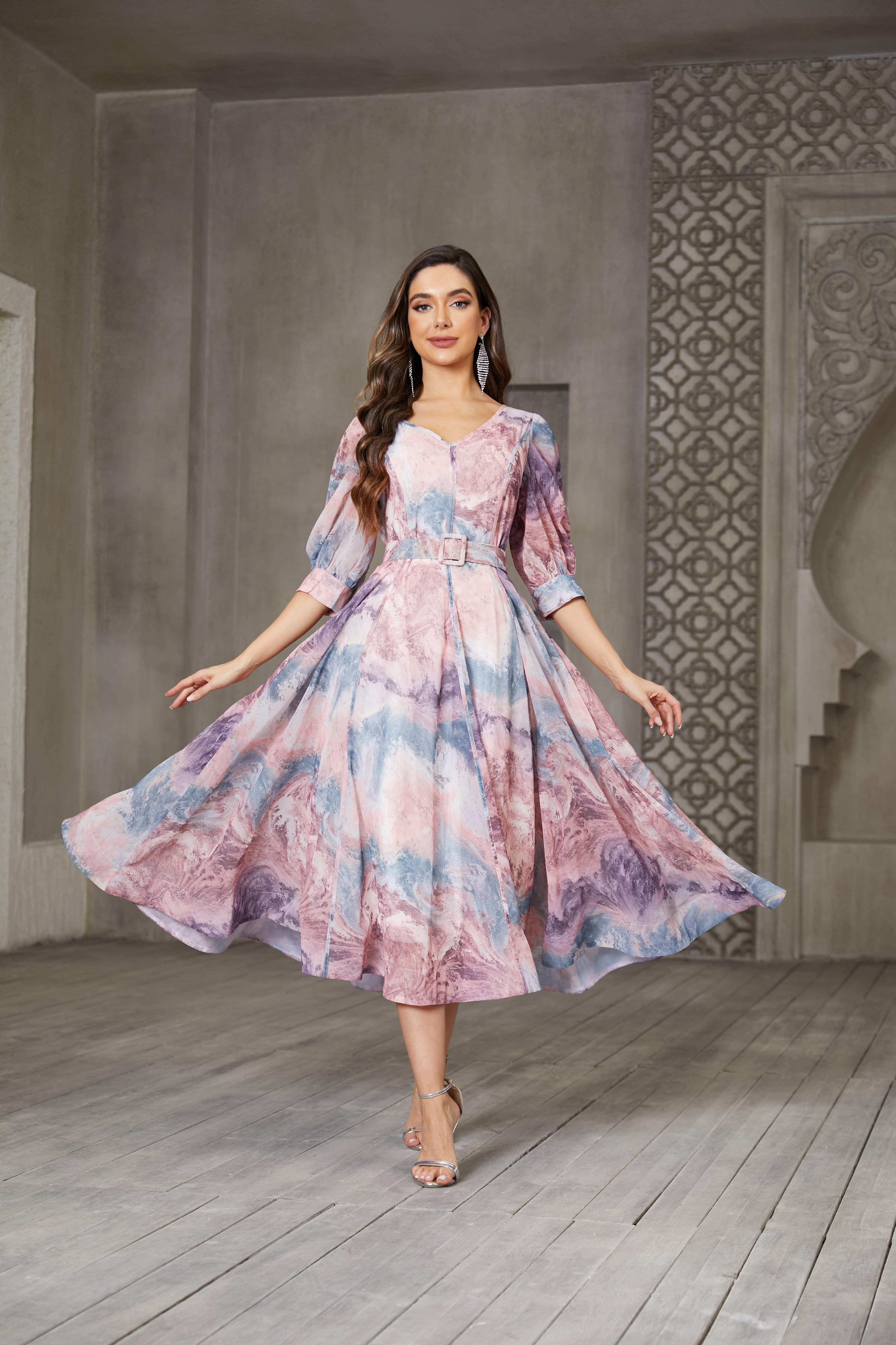 Printed Puff-Sleeve V-Neck Maxi Dress