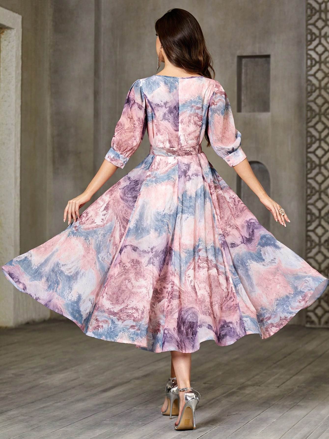 Printed Puff-Sleeve V-Neck Maxi Dress