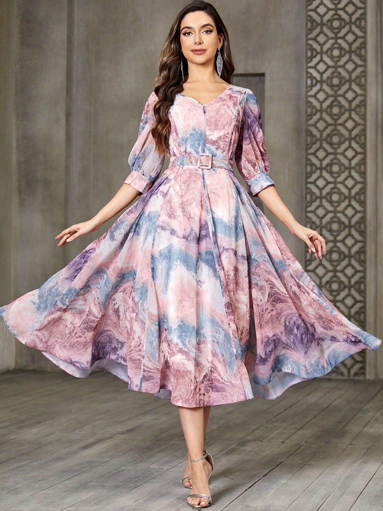 Printed Puff-Sleeve V-Neck Maxi Dress
